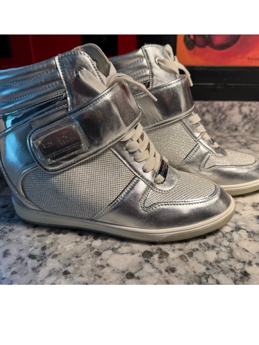 Bebe Silver High-Top Hidden Wedge Sneakers